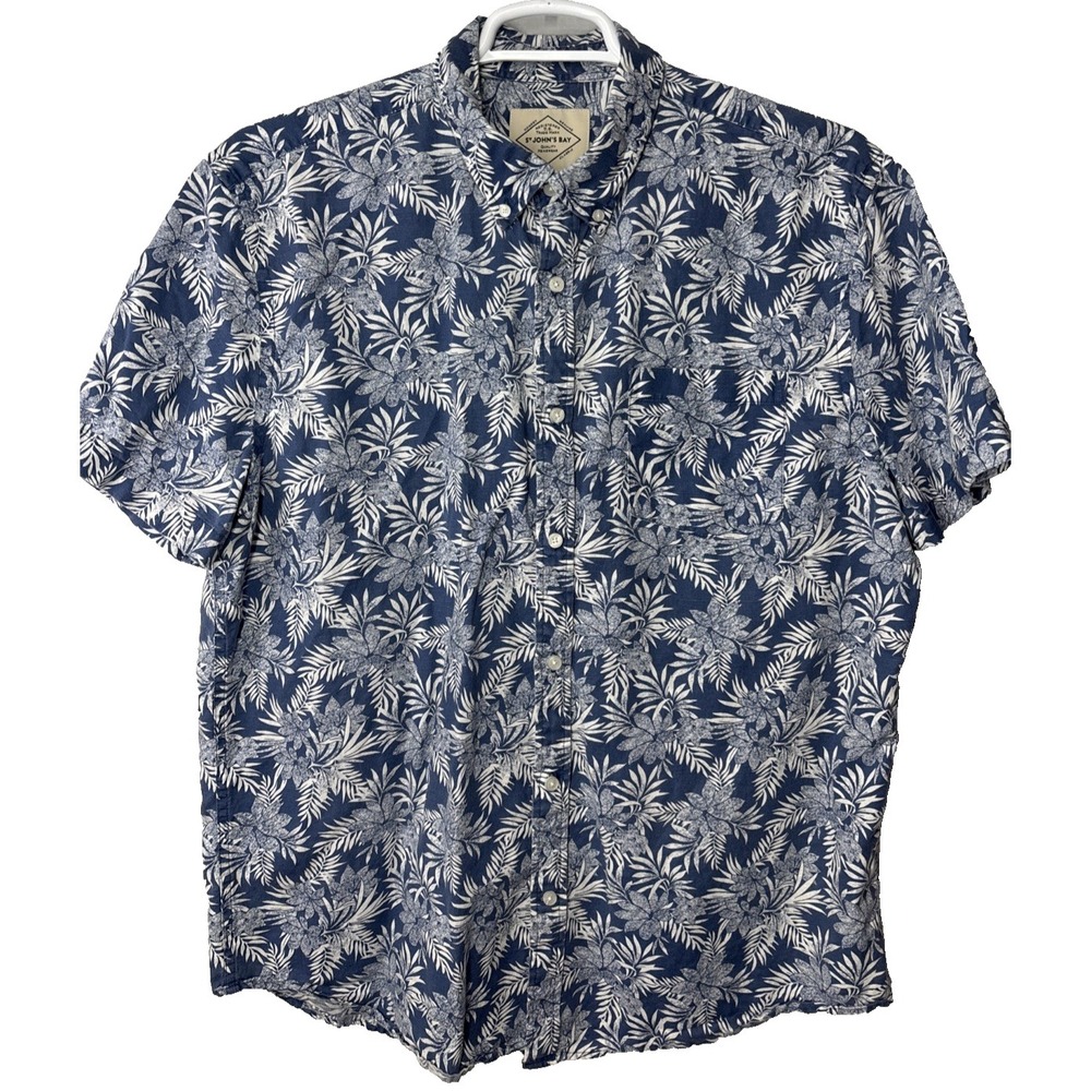 St John's Bay men's button up shirt SZ‎ XL Palm leaves Cotton  blue Beach